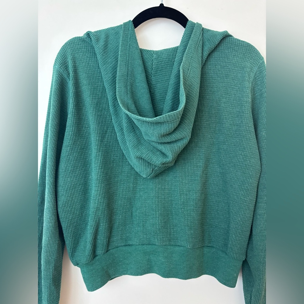 TNA Waffle Knit Full Zip Hoodie Women L Green Cotton Blend Crop Athleisure 408 - Picture 4 of 4